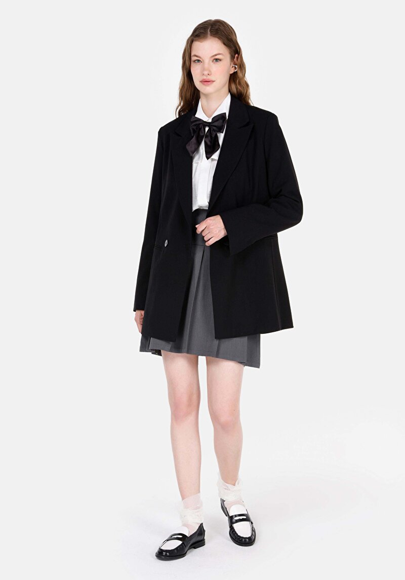 Regular Fit Dokuma Kadın Siyah Ceket