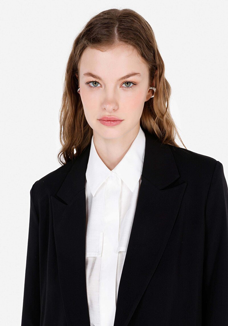 Regular Fit Dokuma Kadın Siyah Ceket