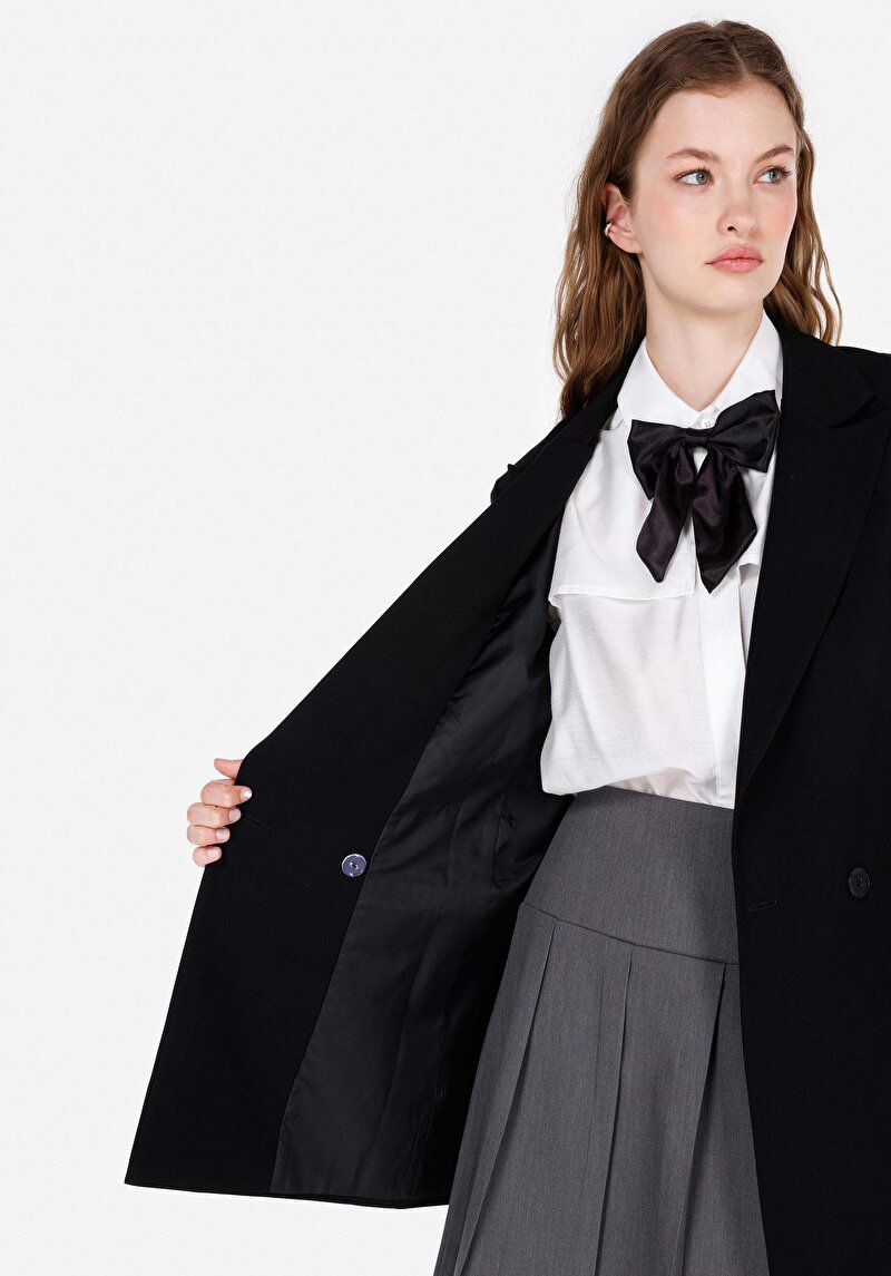 Regular Fit Dokuma Kadın Siyah Ceket