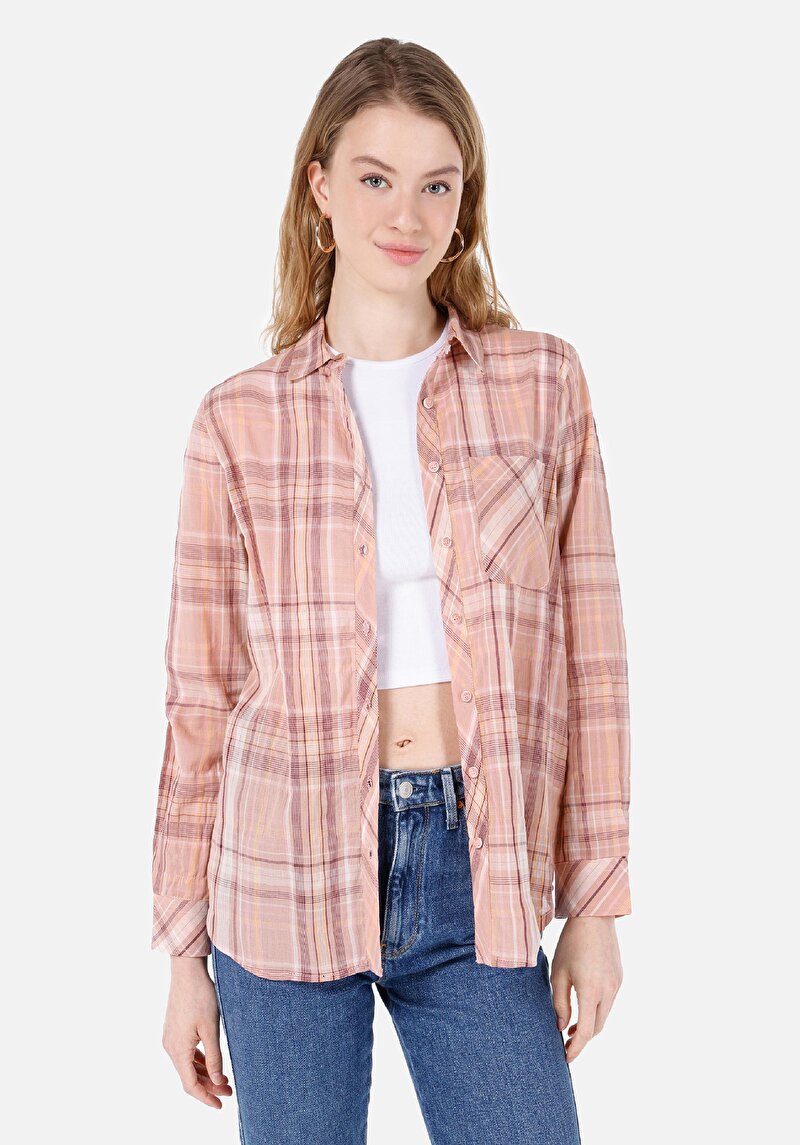 Regular Fit Shirt Neck Ekoseli Kadın Pembe Uzun Kol Gömlek