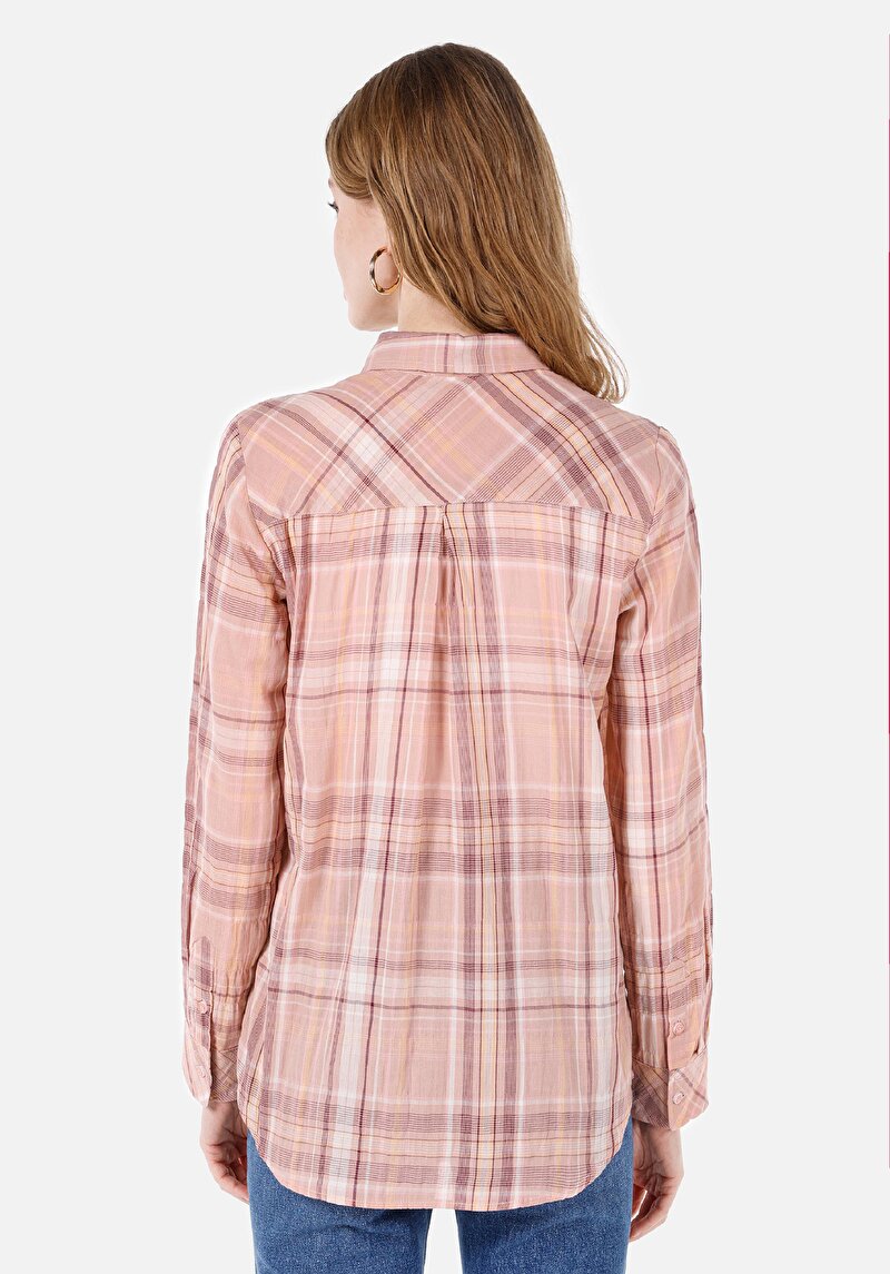 Regular Fit Shirt Neck Ekoseli Kadın Pembe Uzun Kol Gömlek