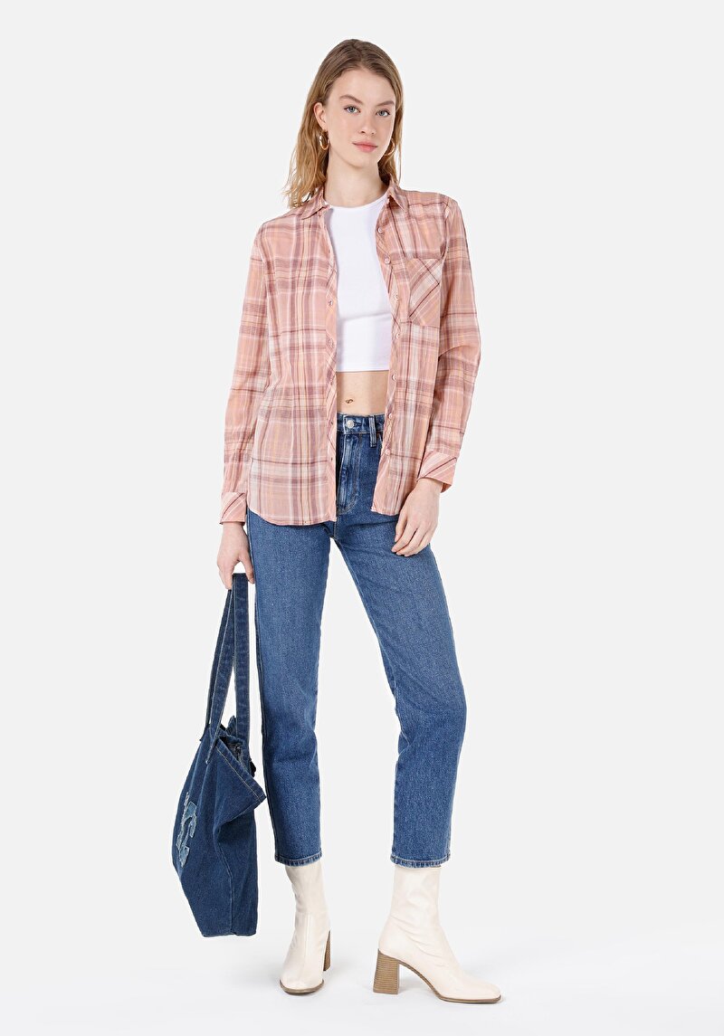 Regular Fit Shirt Neck Ekoseli Kadın Pembe Uzun Kol Gömlek