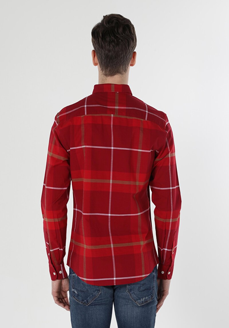 Slim Fit Shirt Neck Ekoseli Erkek Kirmizi Uzun Kol Gömlek