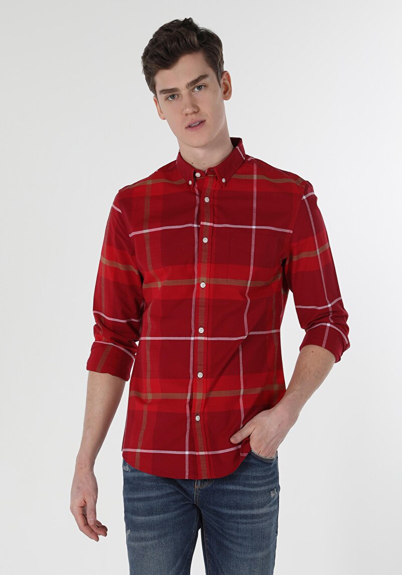 Slim Fit Shirt Neck Ekoseli Erkek Kirmizi Uzun Kol Gömlek