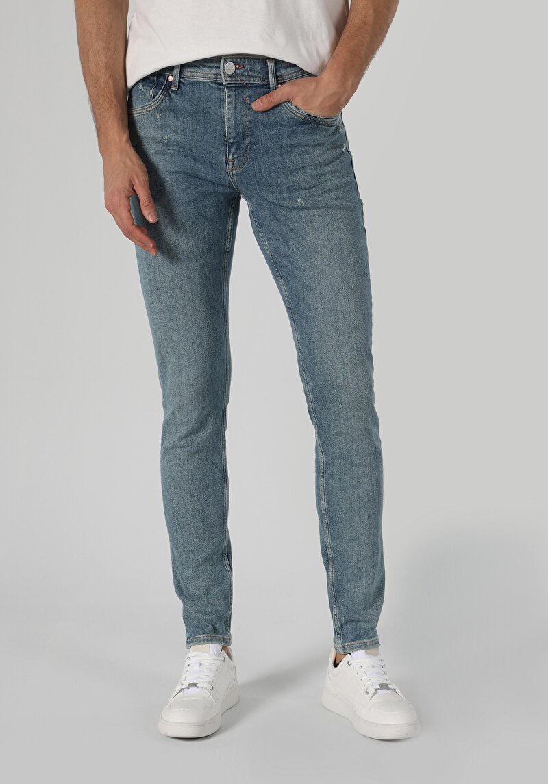 Slim Fit Düşük Bel Dar Paça Erkek İndigo Jean Pantolon