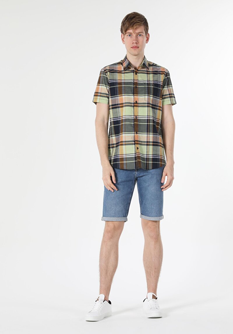 Regular Fit Shirt Neck Ekoseli Erkek Çok Renkli Kısa Kol Gömlek