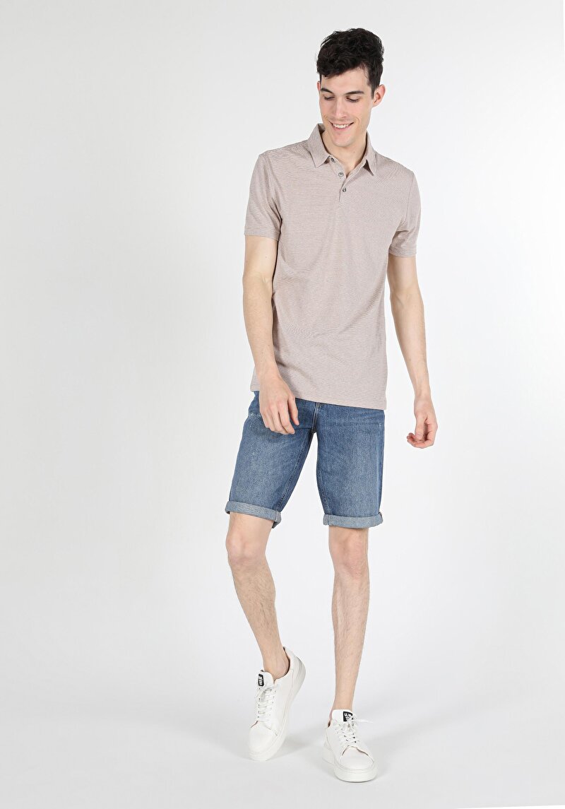 Regular Fit Polo Yaka Düz Erkek Bej Kısa Kol Tişört