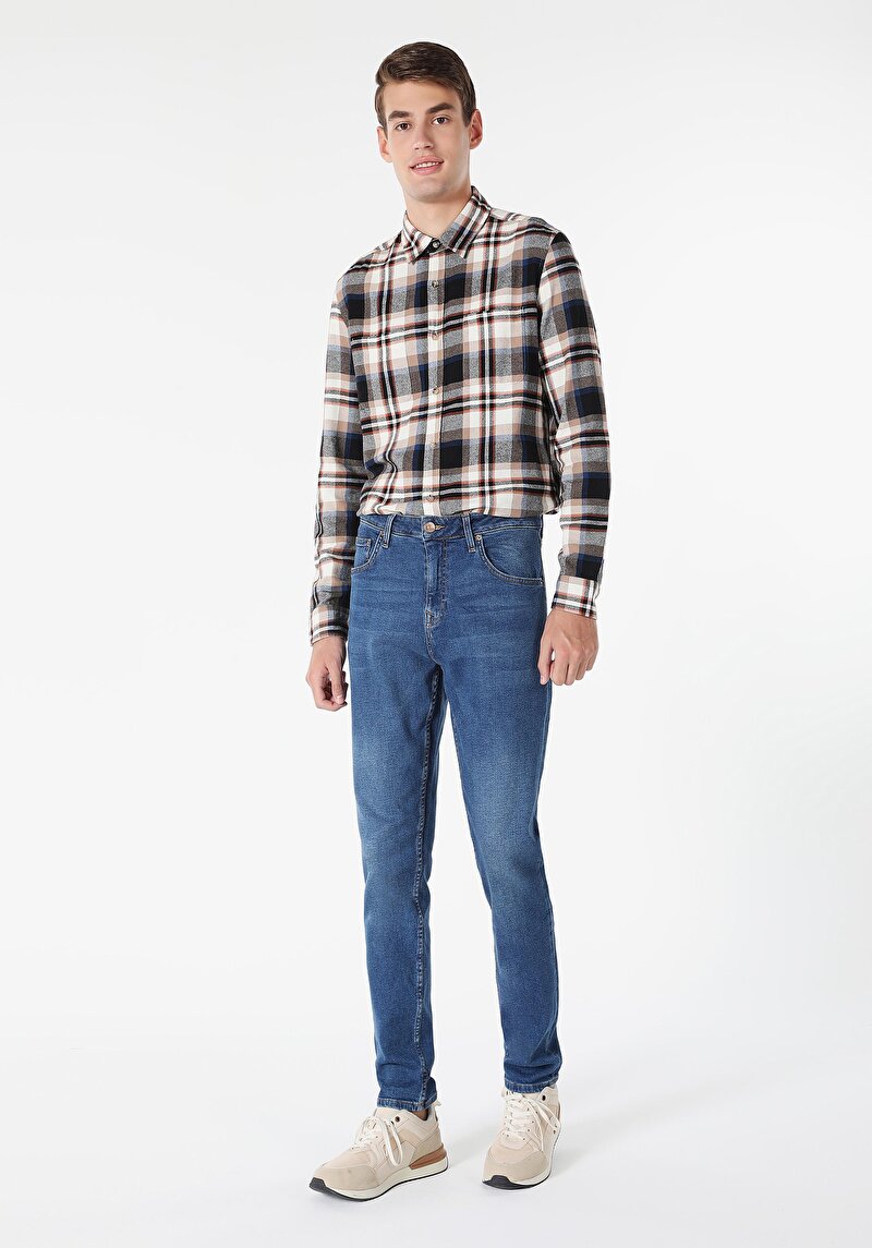Regular Fit Orta Bel Daralan Paça Erkek Koyu İndigo Jean Pantolon