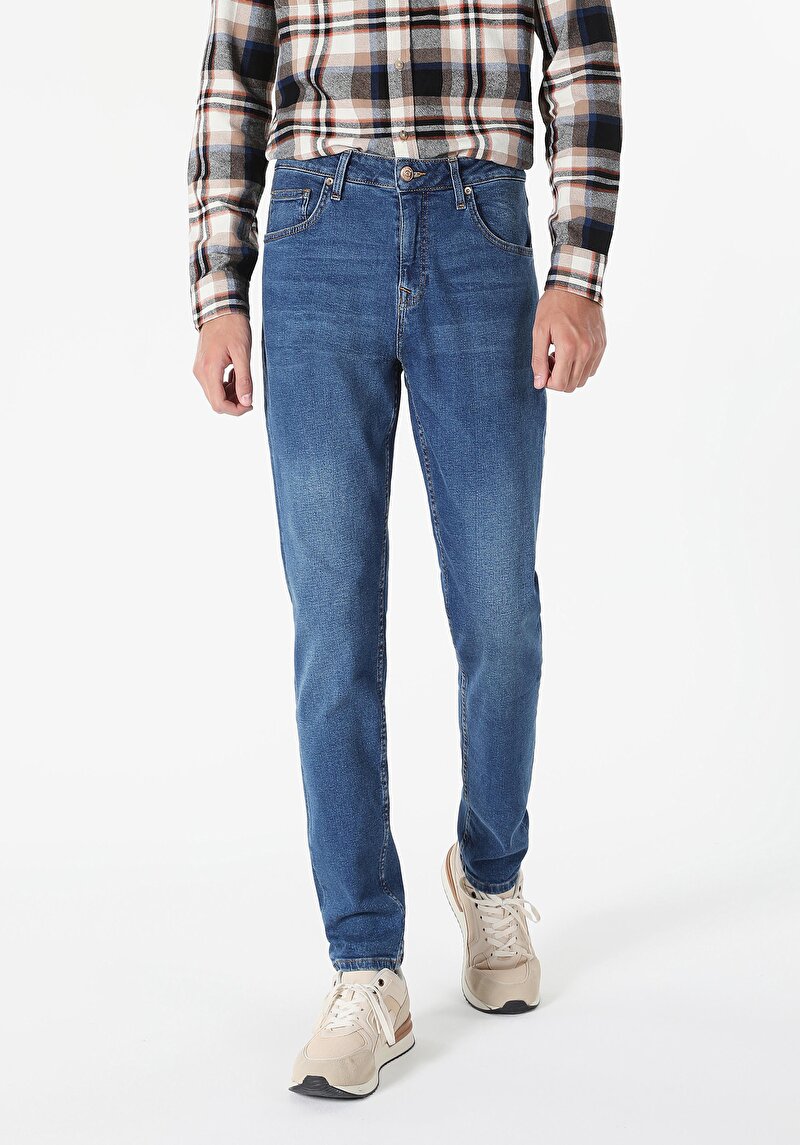 Regular Fit Orta Bel Daralan Paça Erkek Koyu İndigo Jean Pantolon