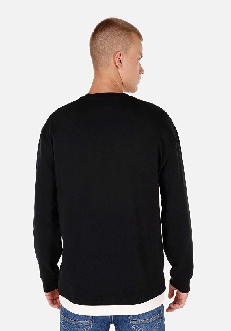 Comfort Fit Yuvarlak Yaka Düz Erkek Siyah Uzun Kol Tişört