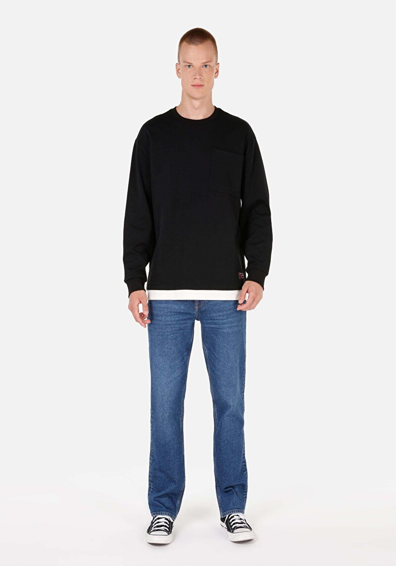 Comfort Fit Yuvarlak Yaka Düz Erkek Siyah Uzun Kol Tişört