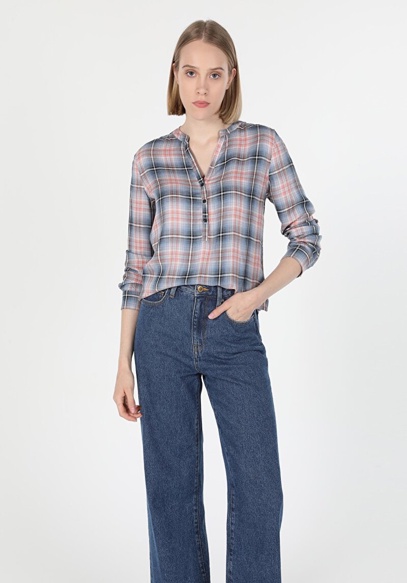 Regular Fit Hakim Yaka Ekoseli Kadın Çok Renkli Roll-up Gömlek