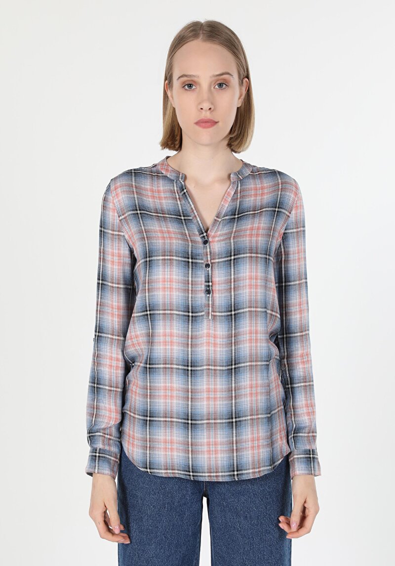 Regular Fit Hakim Yaka Ekoseli Kadın Çok Renkli Roll-up Gömlek