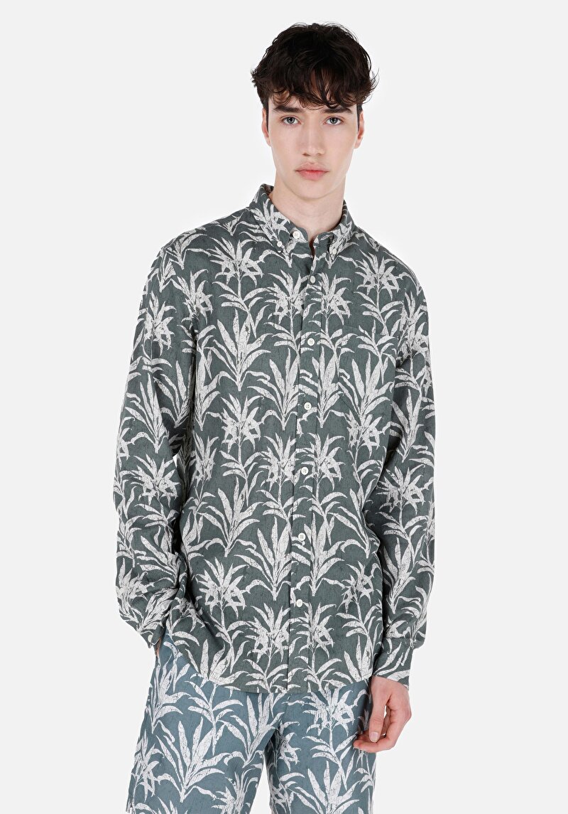 Regular Fit Shirt Neck Baskılı Cepli Erkek Yeşil Uzun Kol Gömlek