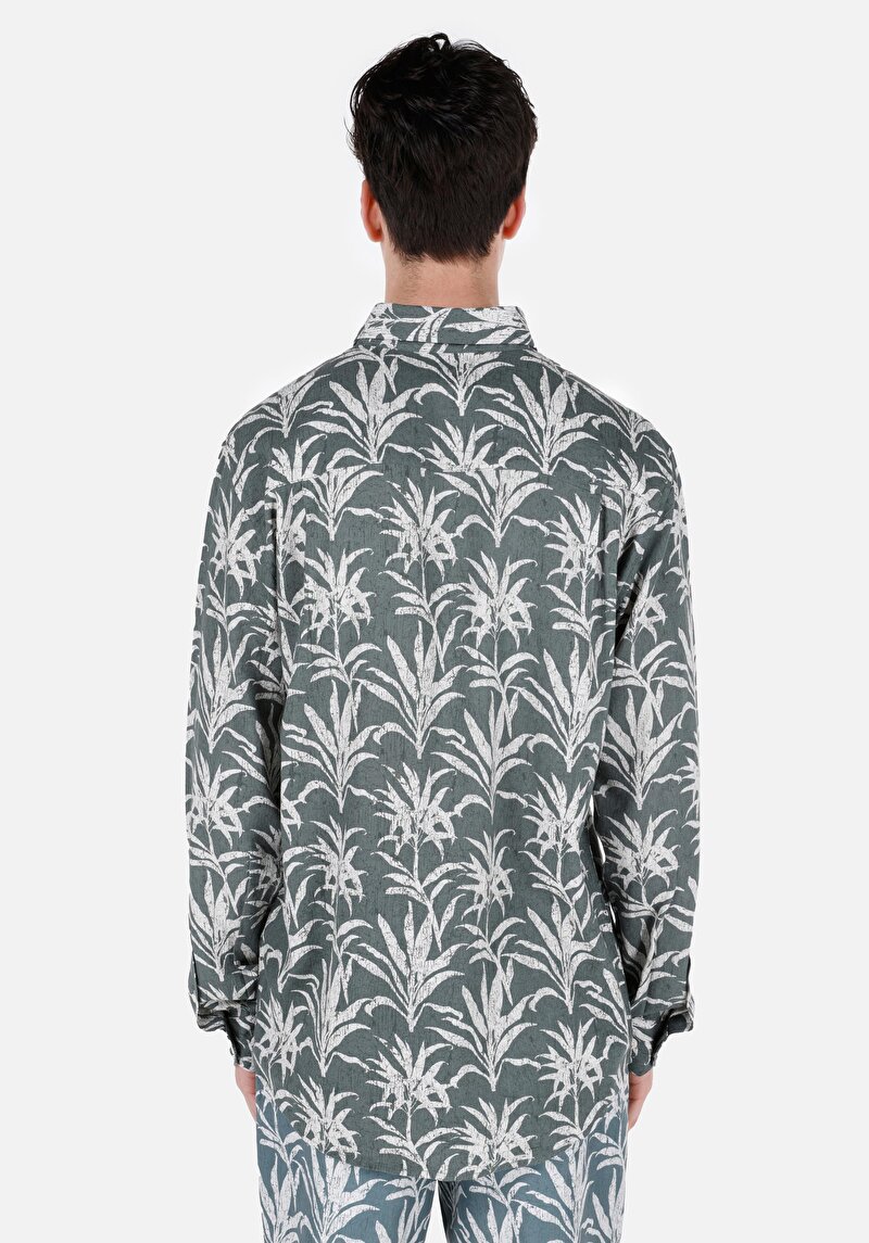 Regular Fit Shirt Neck Baskılı Cepli Erkek Yeşil Uzun Kol Gömlek