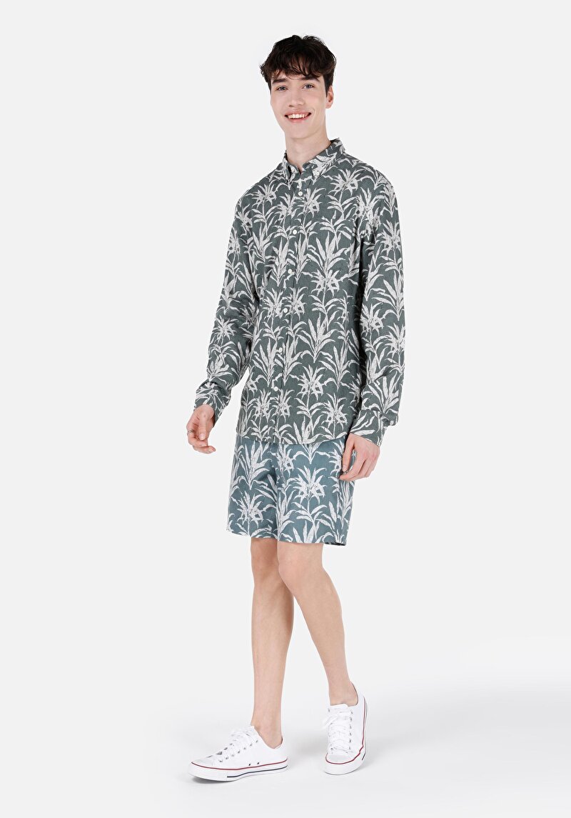 Regular Fit Shirt Neck Baskılı Cepli Erkek Yeşil Uzun Kol Gömlek