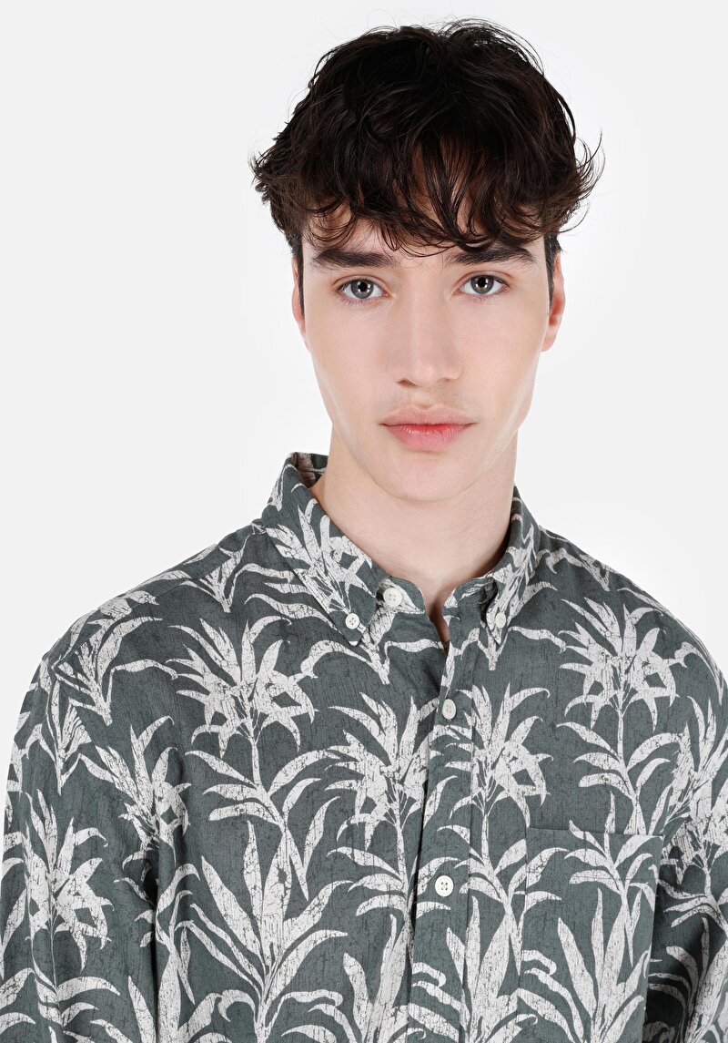 Regular Fit Shirt Neck Baskılı Cepli Erkek Yeşil Uzun Kol Gömlek
