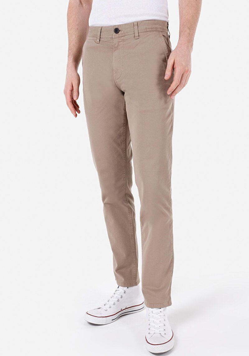 Regular Fit Orta Bel Düz Paça Erkek Bej Pantolon