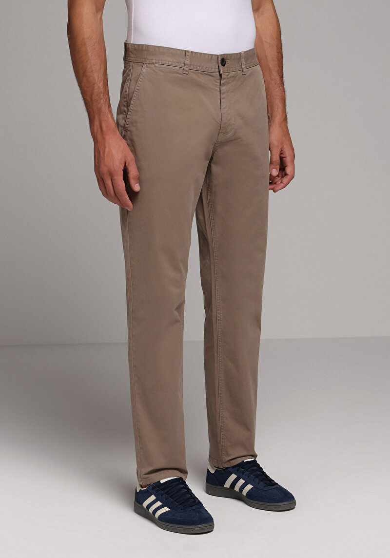 Regular Fit Orta Bel Düz Paça Erkek Bej Pantolon