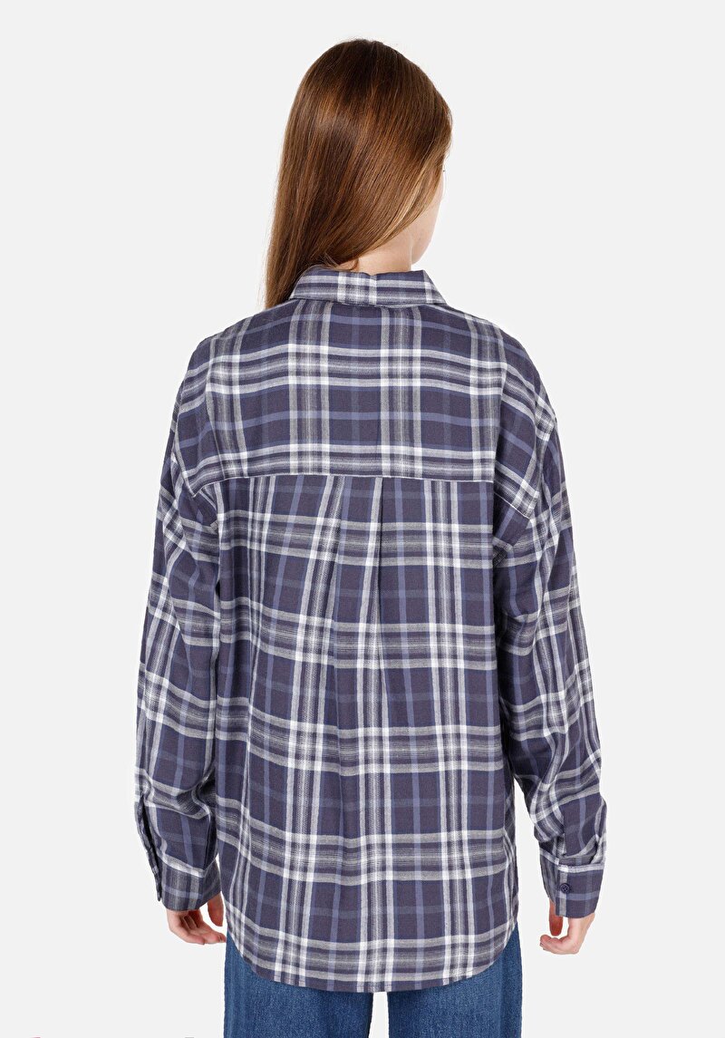 Relax Fit Shirt Neck Ekoseli Kadın Lacivert Uzun Kol Gömlek