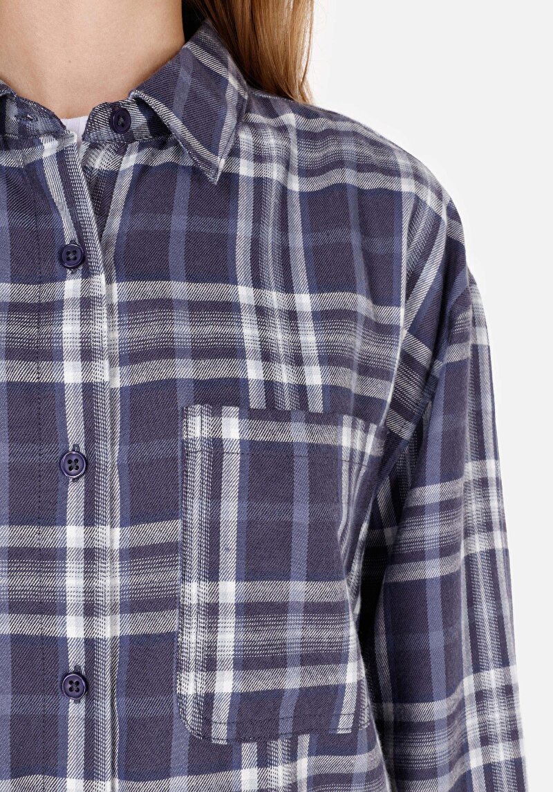 Relax Fit Shirt Neck Ekoseli Kadın Lacivert Uzun Kol Gömlek