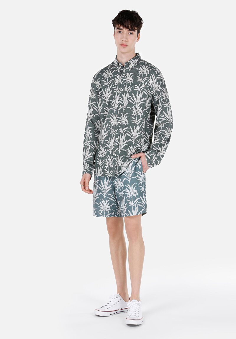 Slim Fit Astarlı Baskılı Erkek Yeşil Deniz Şortu