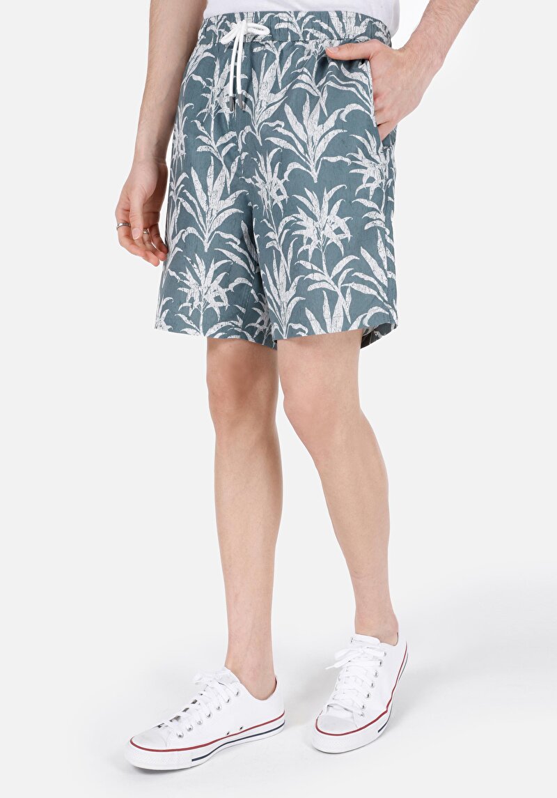 Slim Fit Astarlı Baskılı Erkek Yeşil Deniz Şortu