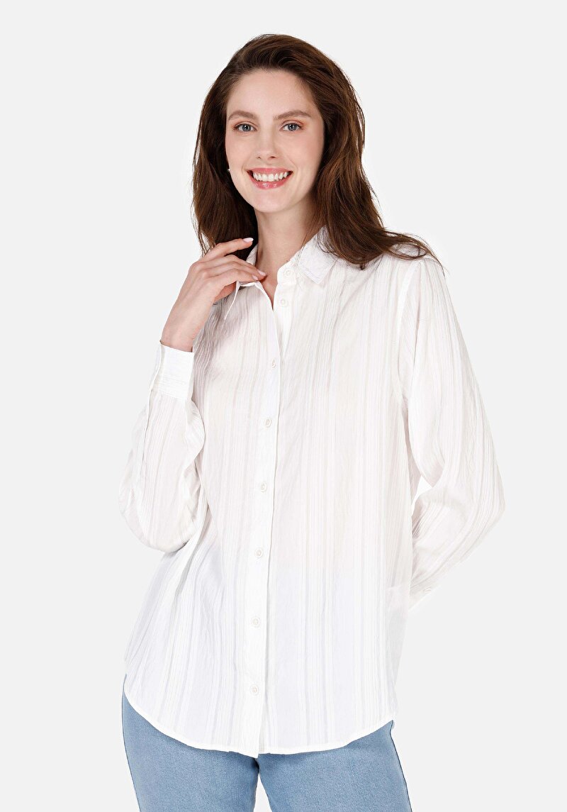 Regular Fit Shirt Neck Jakarlı Kadın Beyaz Uzun Kol Gömlek