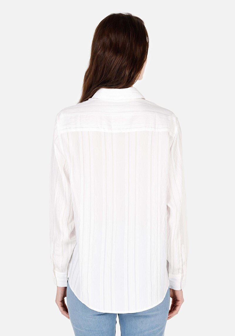 Regular Fit Shirt Neck Jakarlı Kadın Beyaz Uzun Kol Gömlek