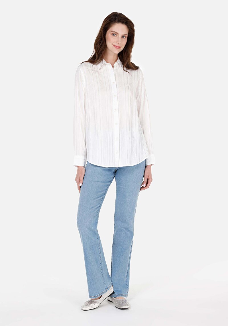 Regular Fit Shirt Neck Jakarlı Kadın Beyaz Uzun Kol Gömlek