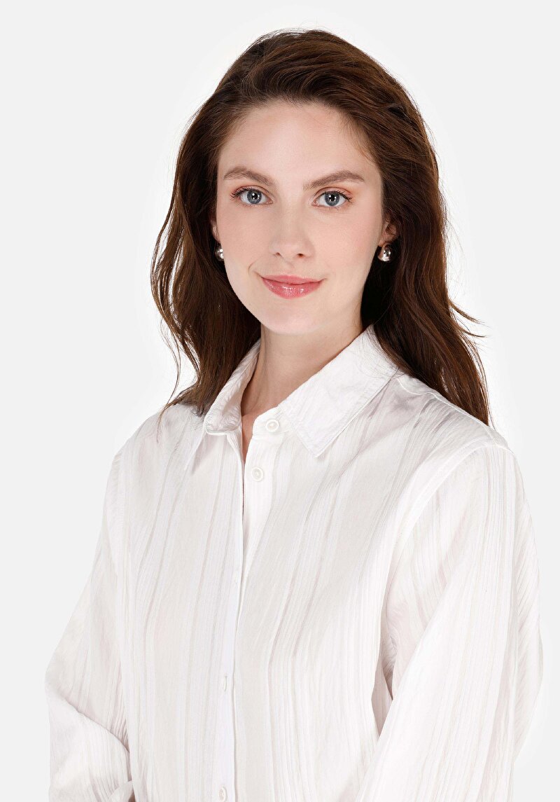 Regular Fit Shirt Neck Jakarlı Kadın Beyaz Uzun Kol Gömlek