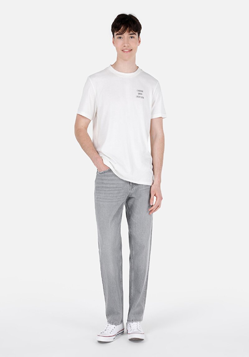 Loose Straight Fit Orta Bel Düz Paça Erkek Gri Denim Jean Pantolon