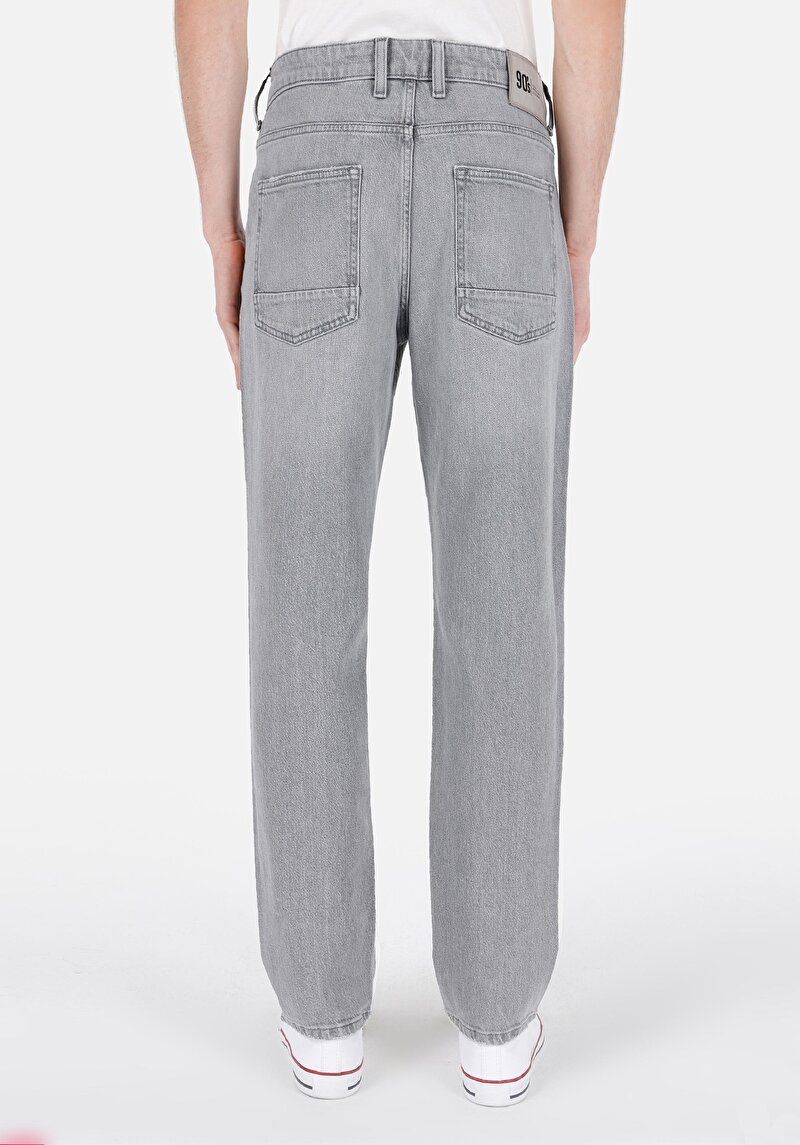 Loose Straight Fit Orta Bel Düz Paça Erkek Gri Denim Jean Pantolon
