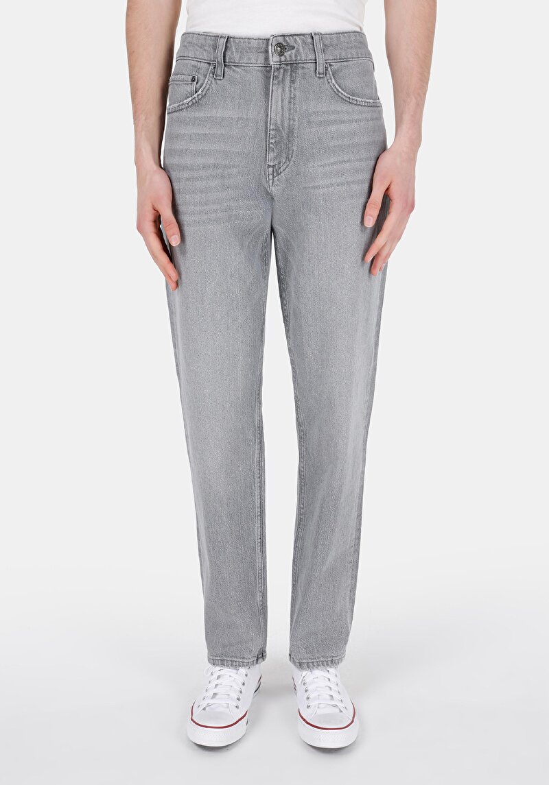 Loose Straight Fit Orta Bel Düz Paça Erkek Gri Denim Jean Pantolon