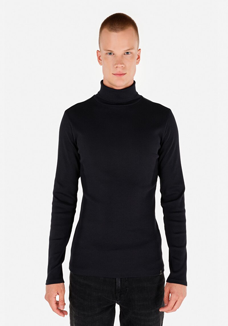 Slim Fit Yarım Balıkçı Yaka Düz Erkek Lacivert Uzun Kol Tişört