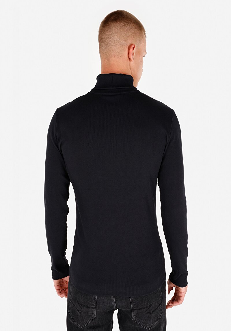 Slim Fit Yarım Balıkçı Yaka Düz Erkek Lacivert Uzun Kol Tişört