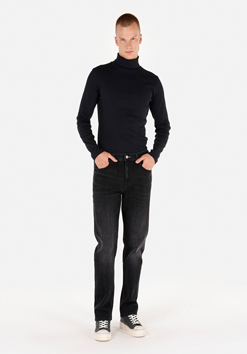 Slim Fit Yarım Balıkçı Yaka Düz Erkek Lacivert Uzun Kol Tişört