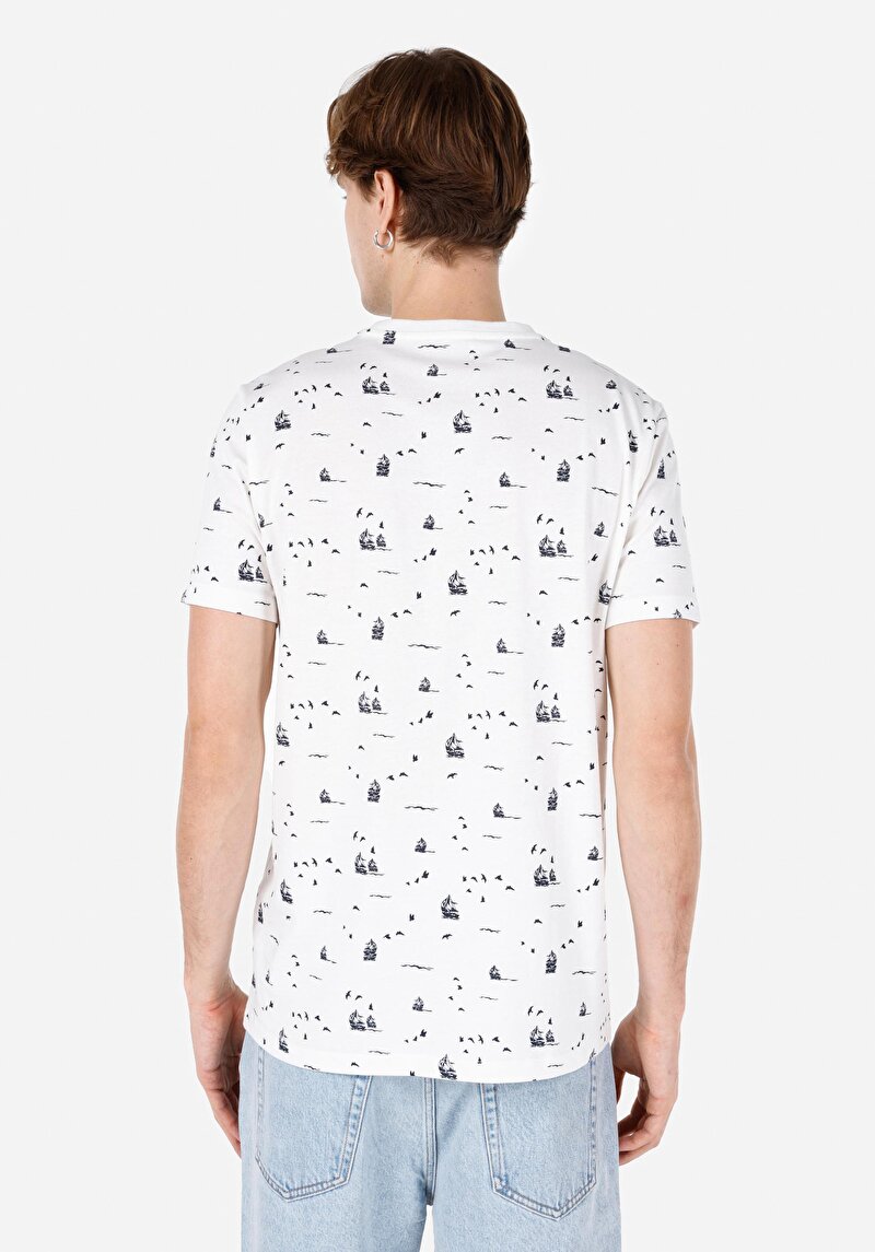 Regular Fit Yuvarlak Yaka Baskılı Erkek Beyaz Kısa Kol Tişört