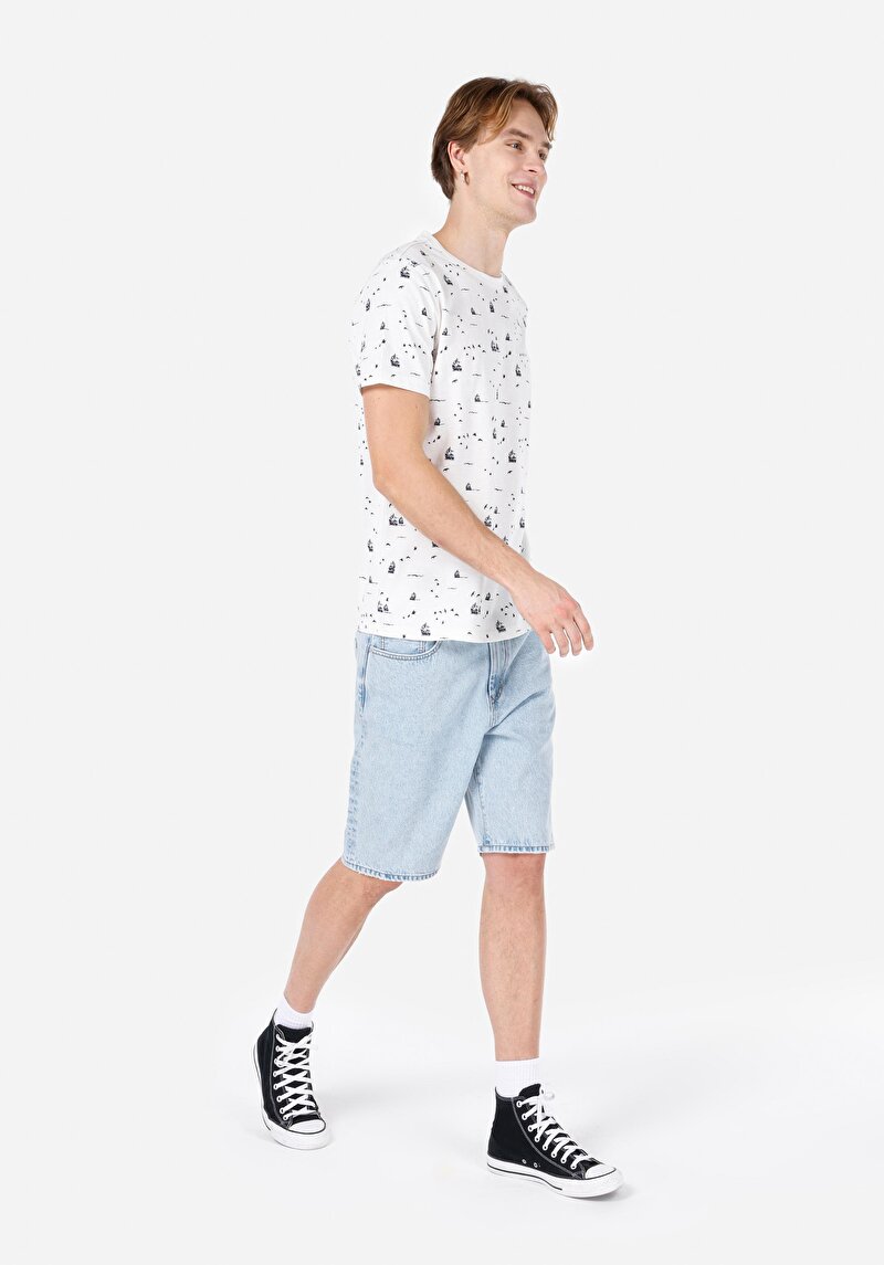 Regular Fit Yuvarlak Yaka Baskılı Erkek Beyaz Kısa Kol Tişört