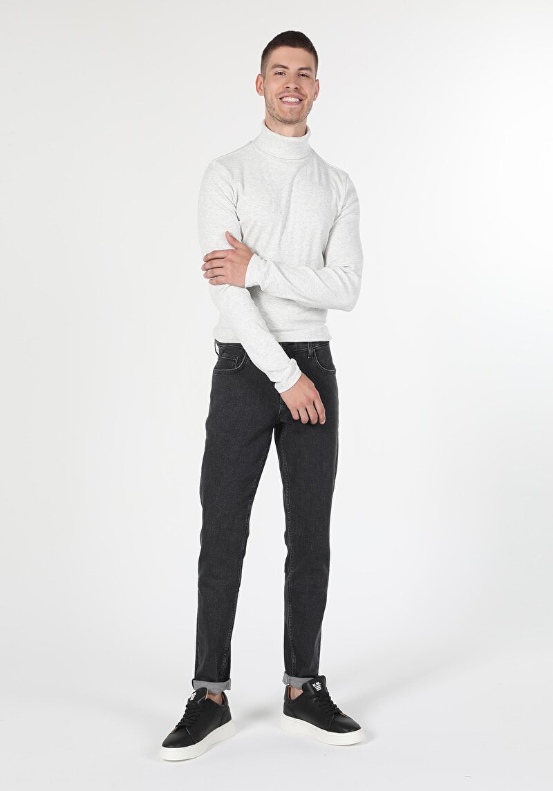 Slim Fit Yarım Balıkçı Yaka Düz Erkek Taş Uzun Kol Tişört