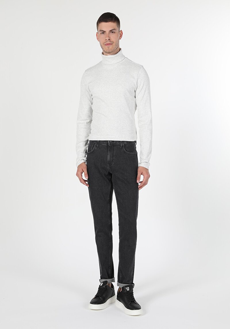 Slim Fit Yarım Balıkçı Yaka Düz Erkek Taş Uzun Kol Tişört