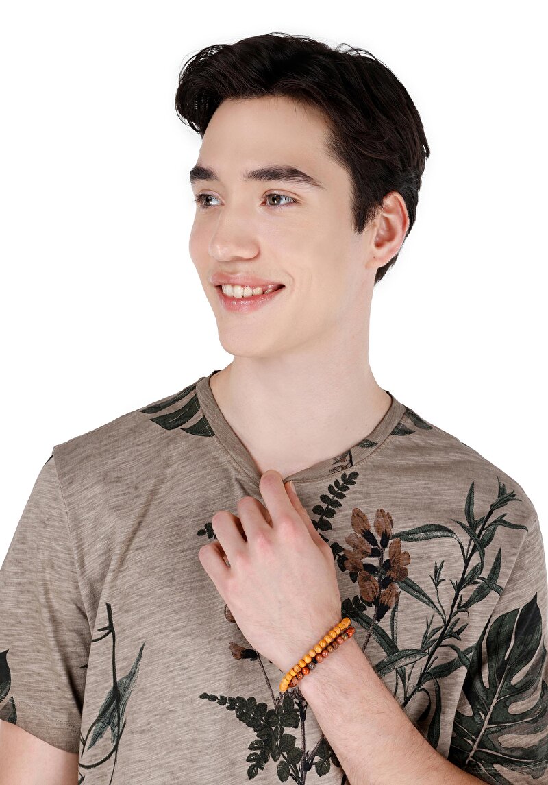 Regular Fit Yuvarlak Yaka Baskılı Erkek Gri Örme Kısa Kol Tişört