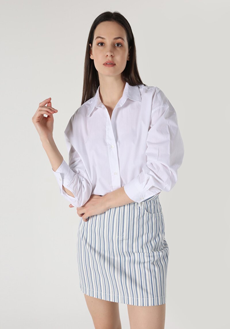 Relaxed Fit Shirt Neck Düz Kadın Beyaz Uzun Kol Gömlek