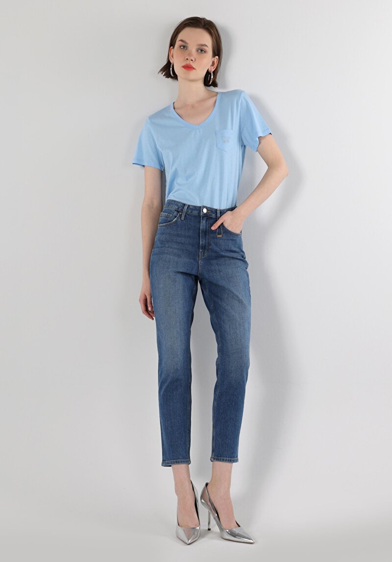 Slim Fit Orta Bel Fermuarlı Daralan Paça Kadın Denim Jean Pantolon