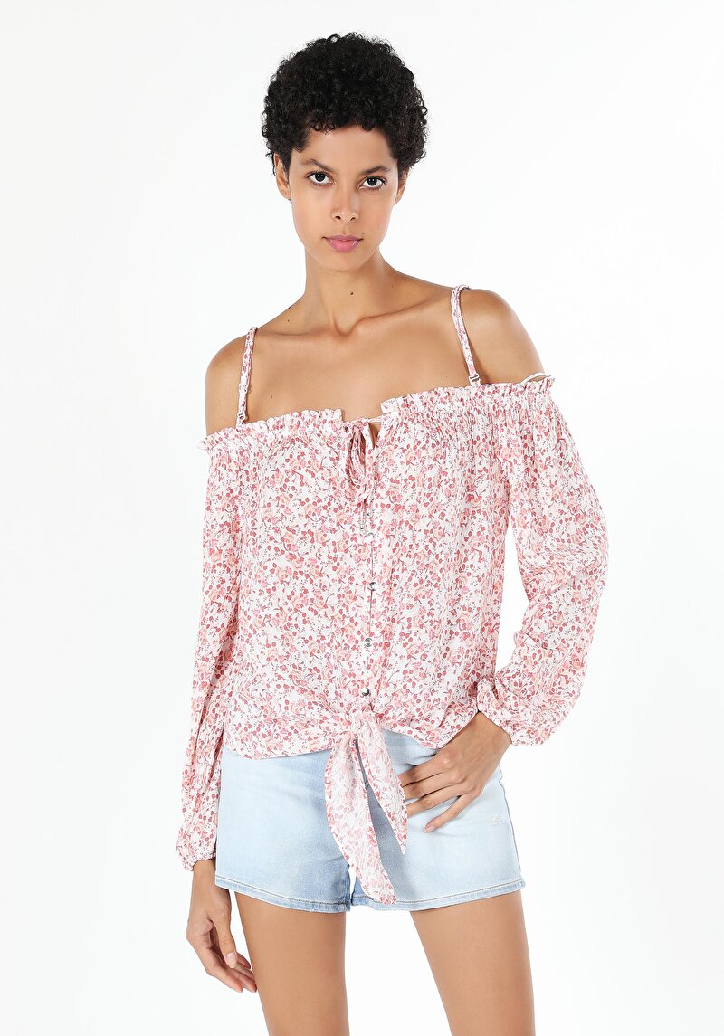 Regular Fit Kayık Yaka Çiçekli Kadın Pembe Uzun Kol Gömlek