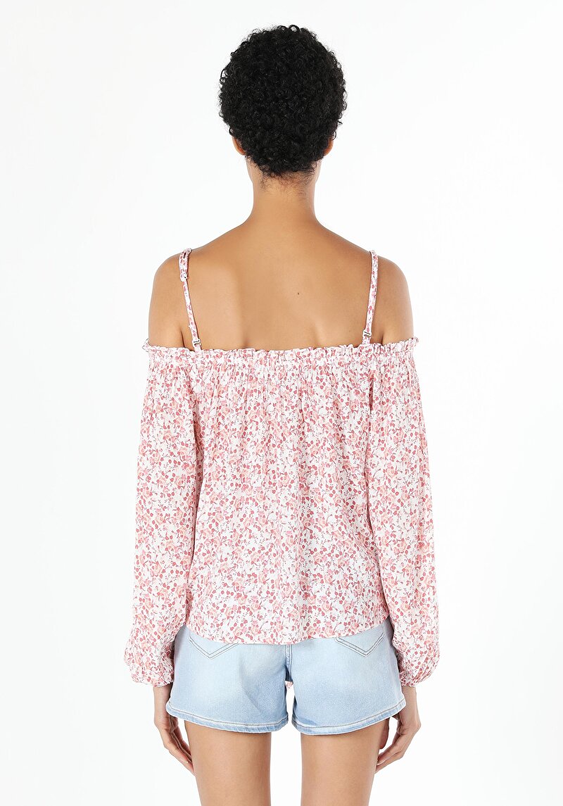 Regular Fit Kayık Yaka Çiçekli Kadın Pembe Uzun Kol Gömlek