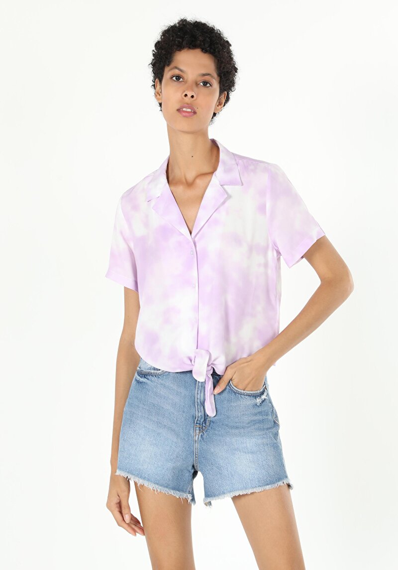 Regular Fit Shirt Neck Kadın Mor Kısa Kol Gömlek