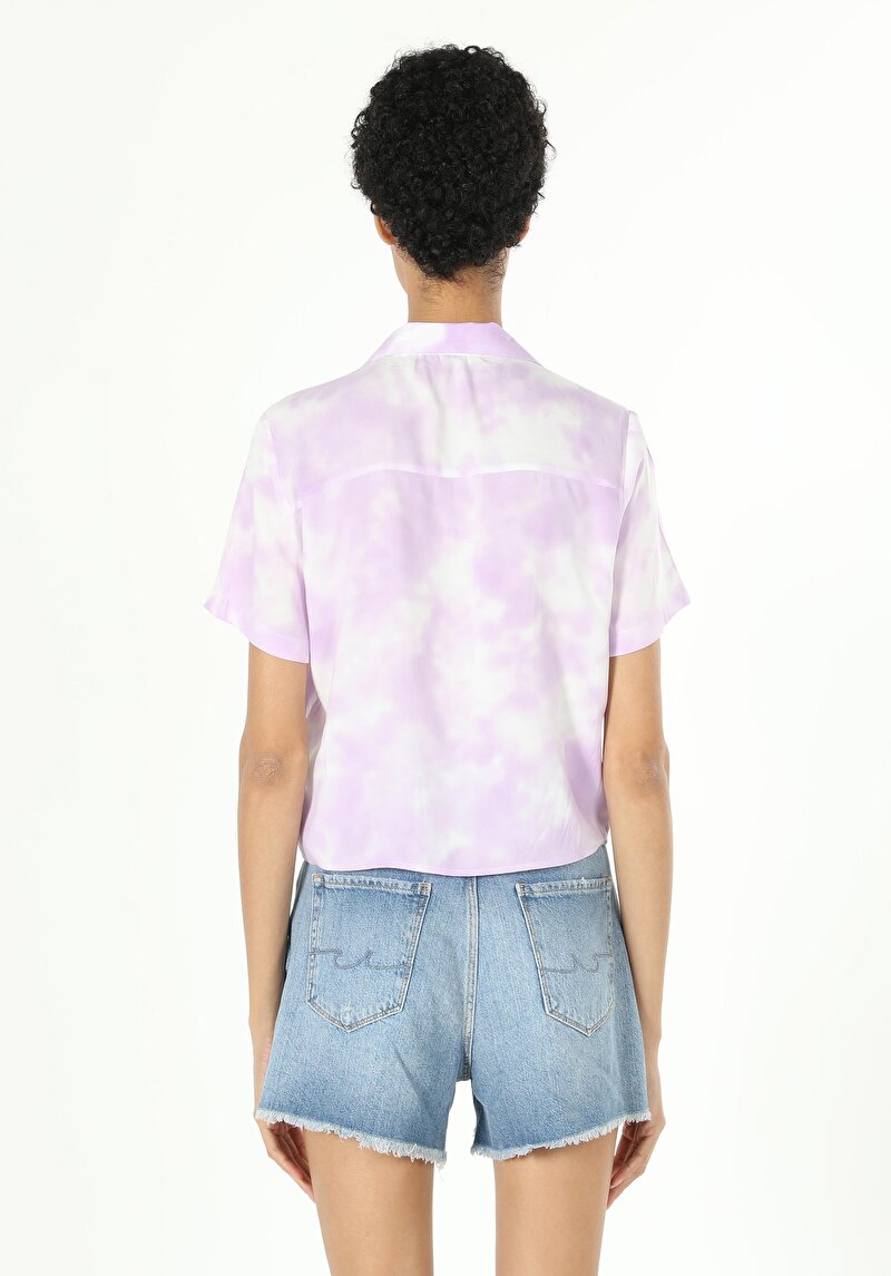 Regular Fit Shirt Neck Kadın Mor Kısa Kol Gömlek