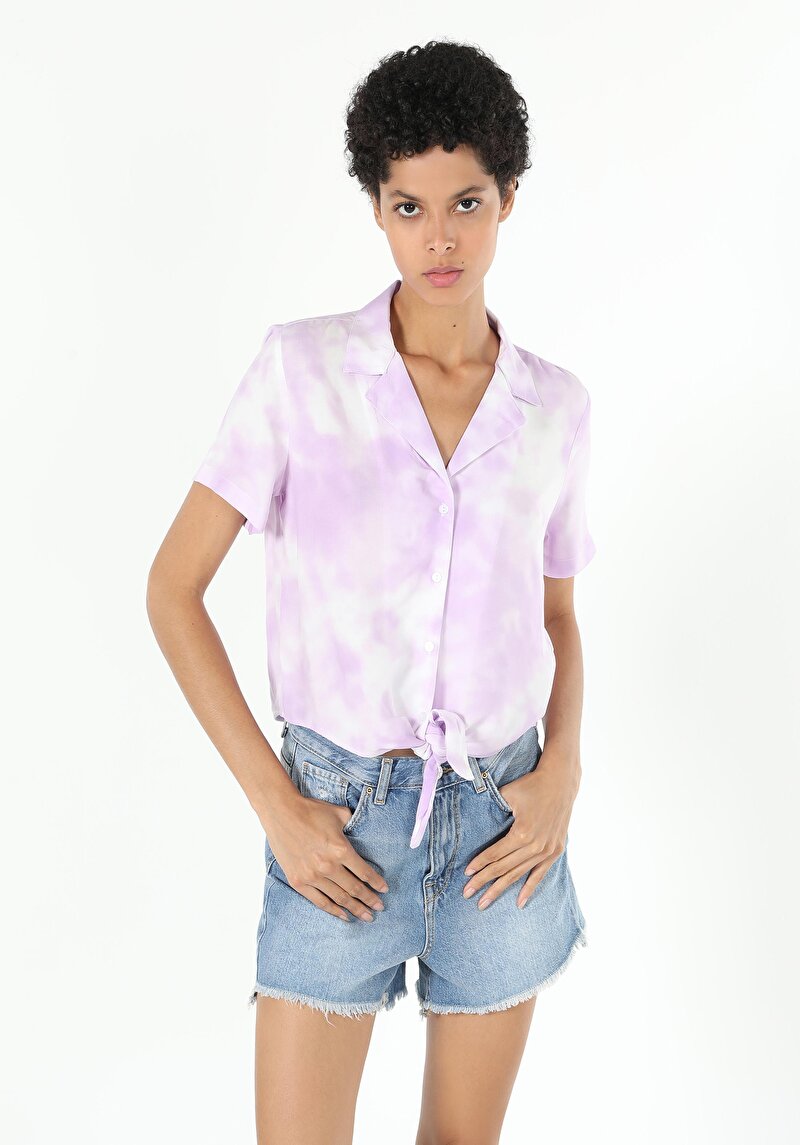 Regular Fit Shirt Neck  Kadın Mor Kısa Kol Gömlek