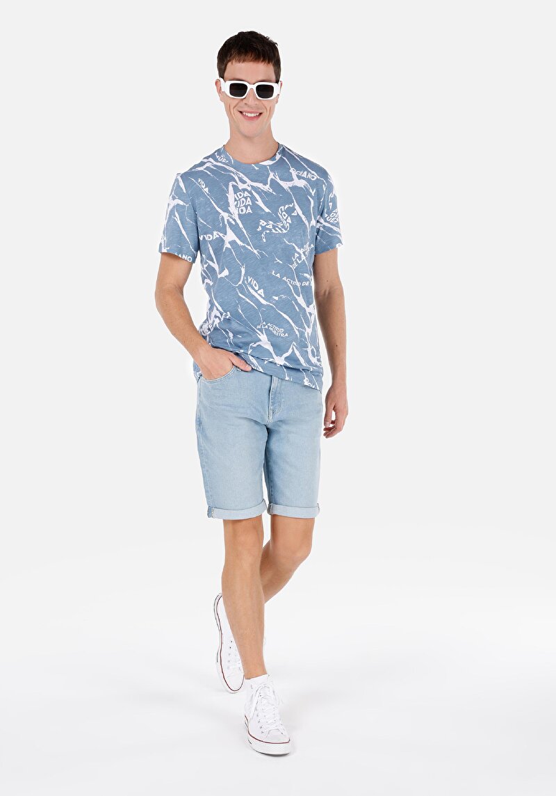 Slim Fit Düşük Bel Erkek İndigo Denim Jean Şort